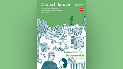 Illustration zu Umweltschutz in Österreich, mit Personen, die Müll trennen und recyclebare Materialien verwenden.