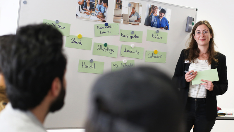 Eine Frau präsentiert an einem Whiteboard mit Berufen und Bildern von Menschen in verschiedenen Arbeitsumgebungen.