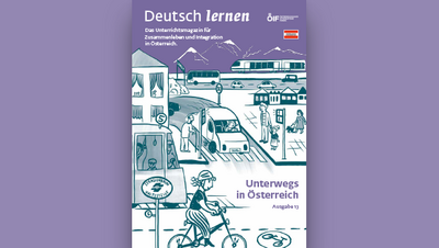 Cover des Magazins "Deutsch lernen", Thema: Mobilität und Integration in Österreich. Illustration zeigt Verkehrsszenen und Menschen.