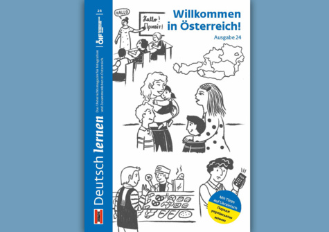 Titel des Magazins „Willkommen in Österreich!“ mit Illustrationen, die Integration und das Lernen der deutschen Sprache darstellen.