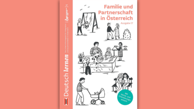 Illustration zu Familie und Partnerschaft in Österreich mit verschiedenen familiären Szenen.