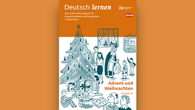Cover des Magazins „Deutsch lernen“ mit Weihnachtsbaum, Menschen und dem Titel „Advent und Weihnachten“.