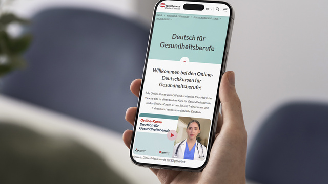 Ein Smartphone zeigt eine Webseite für Online-Deutschkursangebote für Gesundheitsberufe.