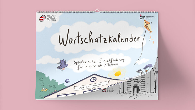 Ein Kalender zur spielerischen Sprachförderung für Kinder ab drei Jahren mit Illustrationen.