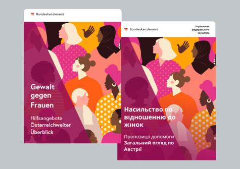 Zwei Broschüren über Gewalt gegen Frauen mit farbenfrohen Illustrationen von Frauenprofilen und Hilfsangeboten für Betroffene.