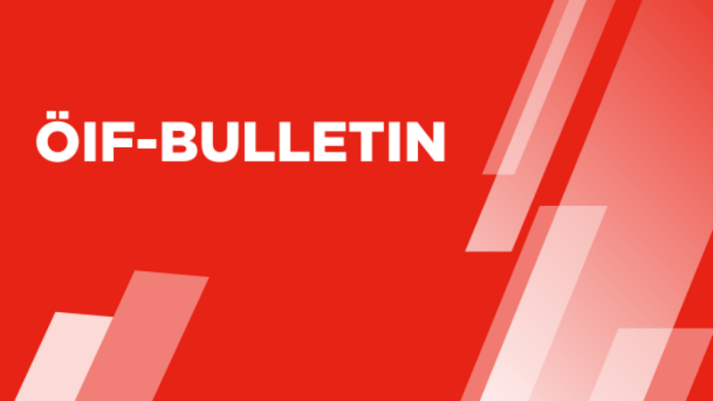 ÖIF-Bulletin auf rotem Hintergrund mit graphischen Elementen.