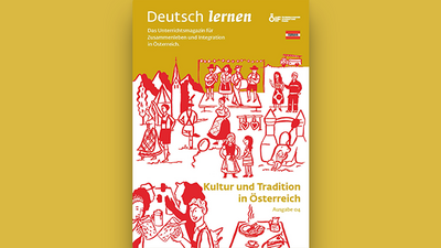 Ein Titelblatt mit Zeichnungen zu Kultur und Tradition in Österreich für ein Deutsch-Lernmagazin.
