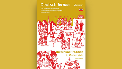 Ein Titelblatt mit Zeichnungen zu Kultur und Tradition in Österreich für ein Deutsch-Lernmagazin.
