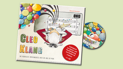 Buchcover "Cleo Klang" mit CD, die musikalische Entdeckungsreise für Kinder und eine bunte, inspirierende Illustration.