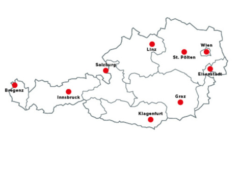 Österreich-Karte mit Integrationszentren in allen Bundeshauptstädten