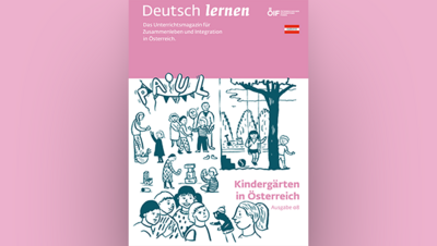 Illustration eines Magazins über österreichische Kindergärten mit Kindern, Spielen und Naturmotiv. Titel: "Deutsch lernen".