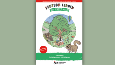 Cover eines Buches zum Deutschlernen für Kinder mit Illustrationen von Natur und einer Katze namens Mitzi.