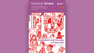 Cover eines Unterrichtsmagazins über Gesundheit und Vorsorge in Österreich mit roten Illustrationen.