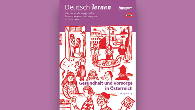 Cover eines Unterrichtsmagazins über Gesundheit und Vorsorge in Österreich mit roten Illustrationen.