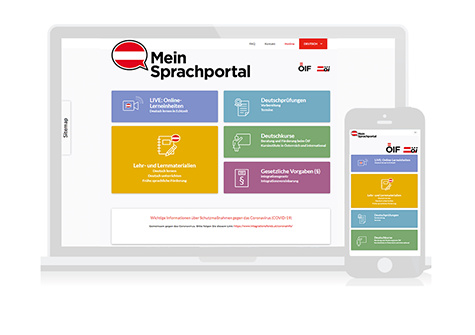 Screenshot einer Webseite namens „Mein Sprachportal“ mit verschiedenen Lernressourcen und Informationen.