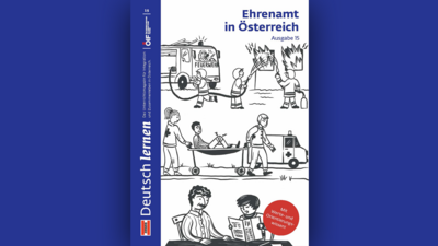 Illustration über ehrenamtliche Tätigkeiten in Österreich, einschließlich Feuerwehr und Rettungsdiensten.