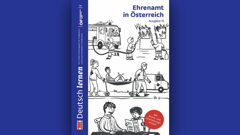 Illustration über ehrenamtliche Tätigkeiten in Österreich, einschließlich Feuerwehr und Rettungsdiensten.