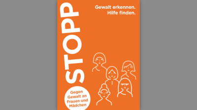Plakat gegen Gewalt an Frauen und Mädchen, mit dem Aufruf, Gewalt zu erkennen und Hilfe zu suchen.