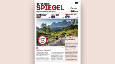 Titelseite der Zeitung "Österreich Spiegel" mit Landschaft und dem Text "Umwelt und Natur".