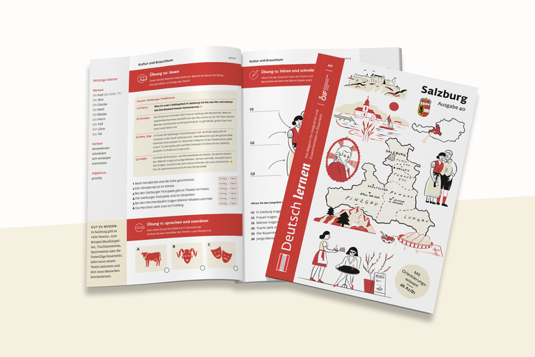 Aufgeschlagenes Buch mit Salzburg-Kapitel, Landkarte und kulturelle Inhalte