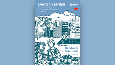 Illustration von Menschen in verschiedenen Handwerksberufen in einer bergigen Landschaft, mit Text über Deutsch lernen und Integration.