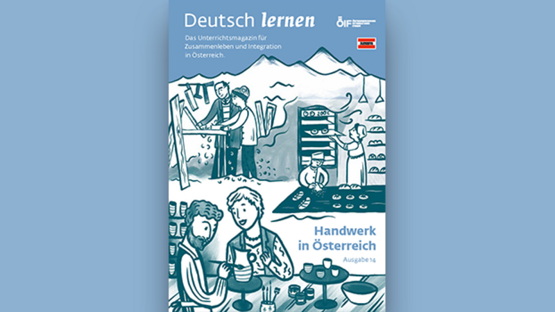 Illustration von Menschen in verschiedenen Handwerksberufen in einer bergigen Landschaft, mit Text über Deutsch lernen und Integration.