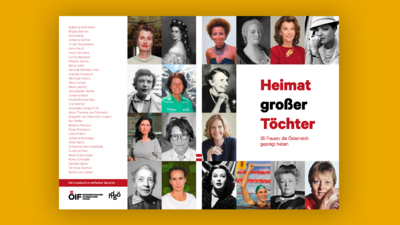 Eine Collage von Porträts großer österreichischer Frauen mit dem Titel „Heimat großer Töchter“.