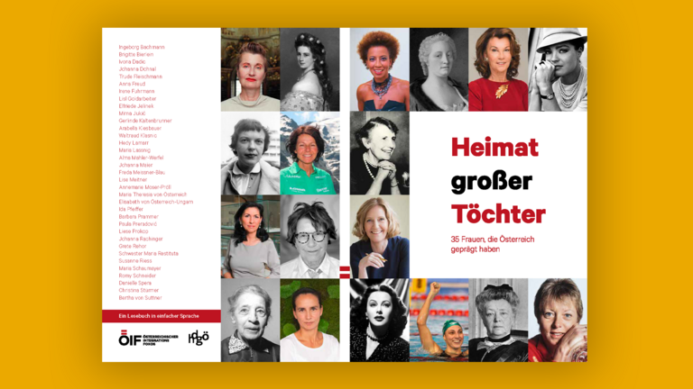 Eine Collage von Porträts großer österreichischer Frauen mit dem Titel „Heimat großer Töchter“.