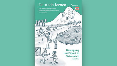 Cover eines Magazins über Bewegung und Sport in Österreich, illustriert mit Aktivitäten in der Natur.