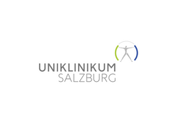Logo Uniklinikum Salzburg mit Figur in Kreis und farbigen Bögen