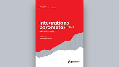 Rotes Cover mit dem Titel "Integrationsbarometer 1/2016" und Angaben zu Autoren.