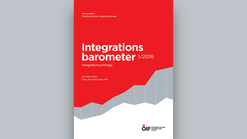 Rotes Cover mit dem Titel "Integrationsbarometer 1/2016" und Angaben zu Autoren.