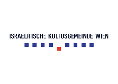 Text Israelitische Kultusgemeinde Wien mit blauen und roten Quadraten