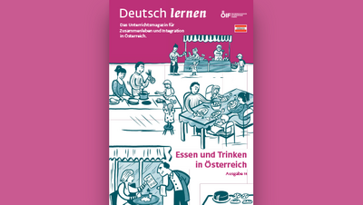Illustration zu Essen und Trinken in Österreich, zeigt Menschen in Restaurants und bei der Zubereitung von Speisen.