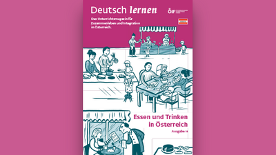 Illustration zu Essen und Trinken in Österreich, zeigt Menschen in Restaurants und bei der Zubereitung von Speisen.