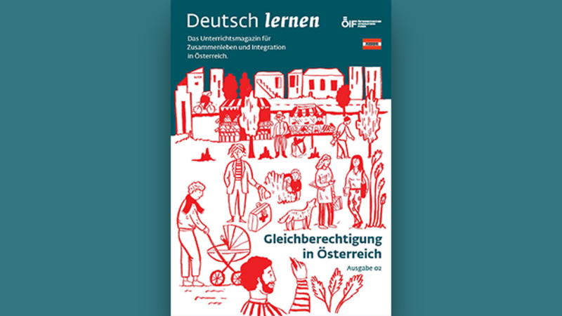 Illustration zum Thema Gleichberechtigung in Österreich, begleitet von dem Titel "Deutsch lernen".