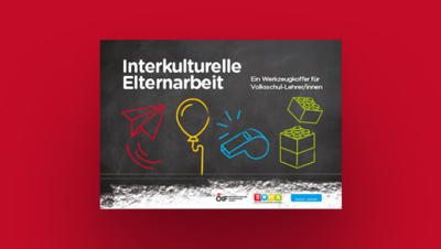 Titel: Interkulturelle Elternarbeit – Werkzeugkoffer für Volksschullehrer. Grafiken von Symbolen wie Papierflieger und Ballon.