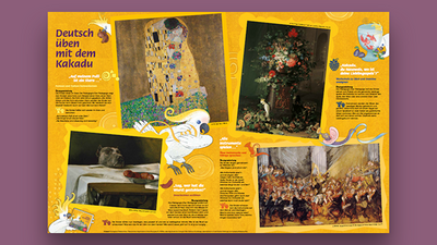 Illustrationen und Texte zum Deutsch lernen mit einem Kakadu, umgeben von berühmten Kunstwerken.