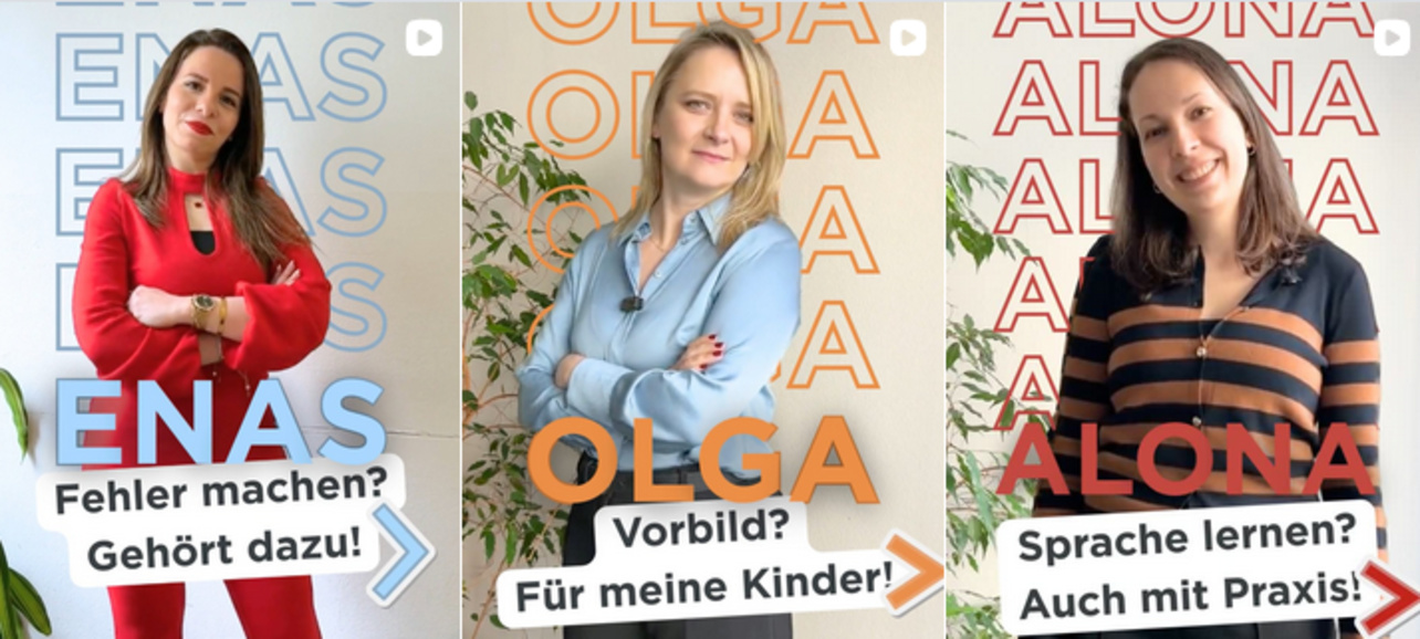 Fünf Porträts von Menschen in verschiedenen Outfits stehen nebeneinander. Jeder trägt einen kurzen Slogan: ENAS spricht über Fehler, OLGA über Vorbilder, ALONA über Sprachlernen, FAHED über neue Chancen und HAMZEH über das Erlernen der deutschen Sprache.