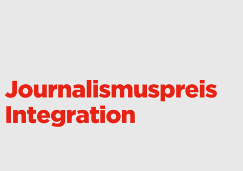 Text: "Journalismuspreis Integration in roter Schrift auf grauem Hintergrund."
