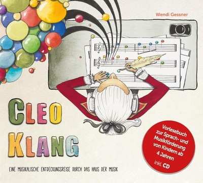 Illustration eines Buchcovers mit dem Titel "Cleo Klang" und einer musikalischen Entdeckungsreise für Kinder.