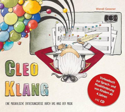 Illustration eines Buchcovers mit dem Titel "Cleo Klang" und einer musikalischen Entdeckungsreise für Kinder.