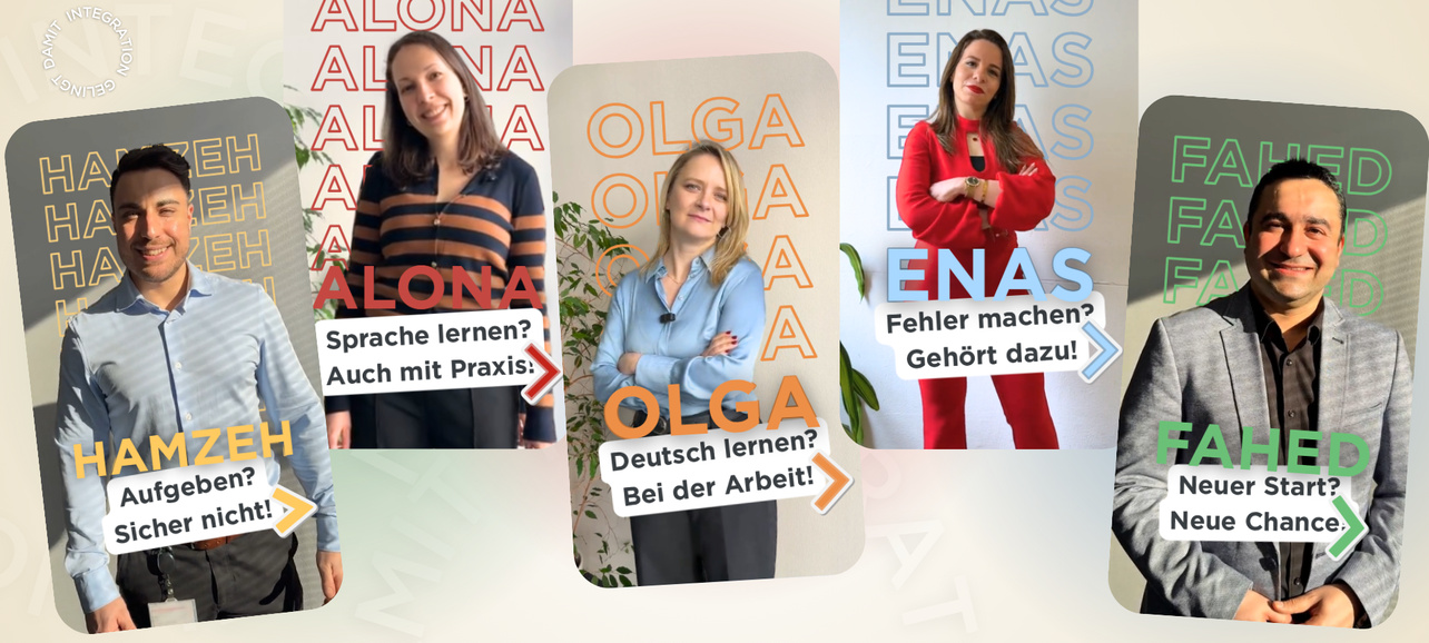 Fünf Personen stehen vor unterschiedlichen farbigen Hintergründen. Jede Person hat einen Text, der Fragen oder Aussagen zu Sprachen und Lernen enthält. Die Namen Hamzeh, Alona, Olga, Enas und Fahed sind klar sichtbar. Die Atmosphäre wirkt einladend und motivierend.