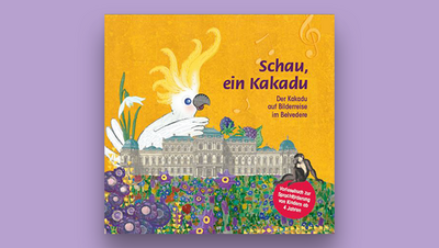 Buchcover mit einem Kakadu und dem Belvedere im Hintergrund, umgeben von bunten Blumen.