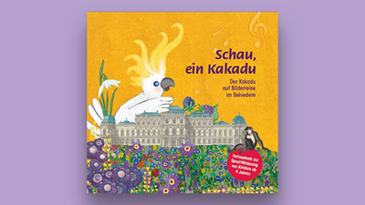 Buchcover mit einem Kakadu und dem Belvedere im Hintergrund, umgeben von bunten Blumen.