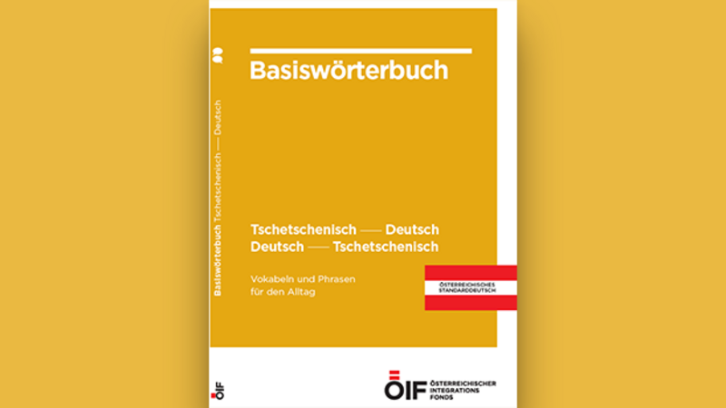 Cover eines Basiswörterbuchs für Tschetschenisch und Deutsch mit Informationen für den Alltag.