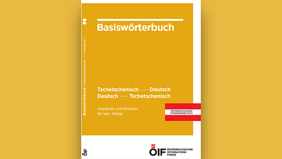 Cover eines Basiswörterbuchs für Tschetschenisch und Deutsch mit Informationen für den Alltag.
