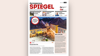 Eine Zeitungsseite mit dem Titel "Österreich Spiegel" und einem Artikel über kleine historische Städte.