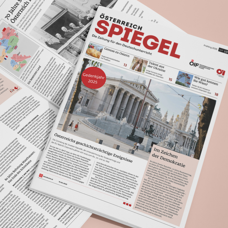 Titel der Zeitung „Österreich Spiegel“ mit Fokus auf „Gedenkjahr 2025“ und Österreichs geschichtsträchtigen Ereignissen.