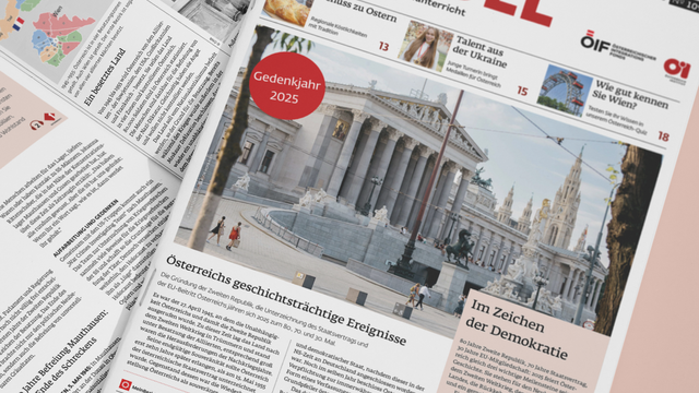 Titel der Zeitung „Österreich Spiegel“ mit Fokus auf „Gedenkjahr 2025“ und Österreichs geschichtsträchtigen Ereignissen.